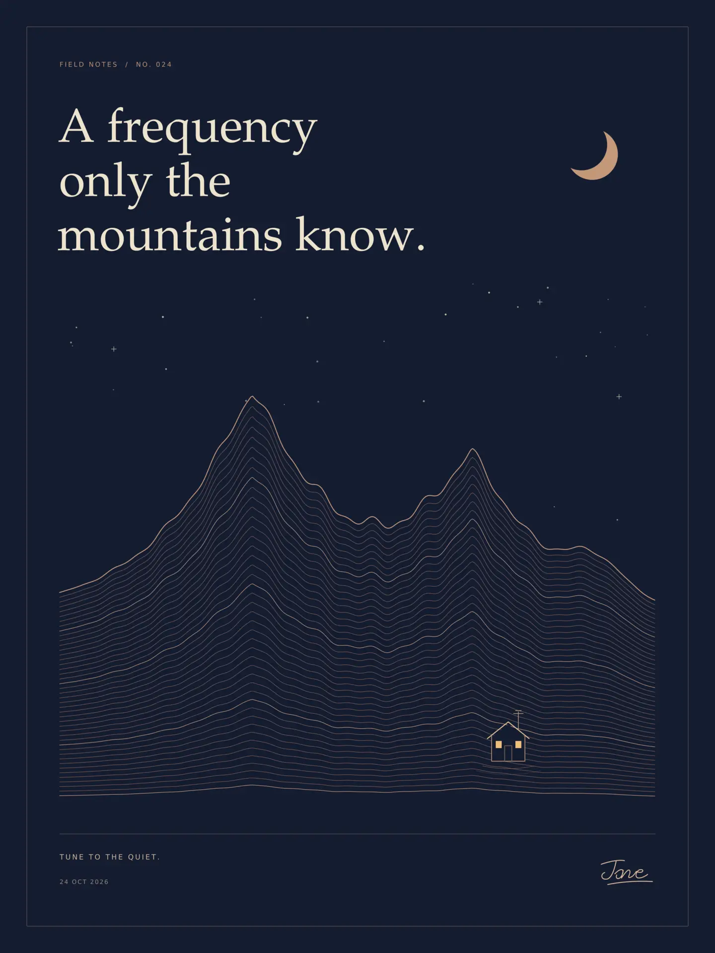 Signed navy field-notes print with copper contour mountains shaped like a waveform, a crescent moon, stars, and one lit cabin.