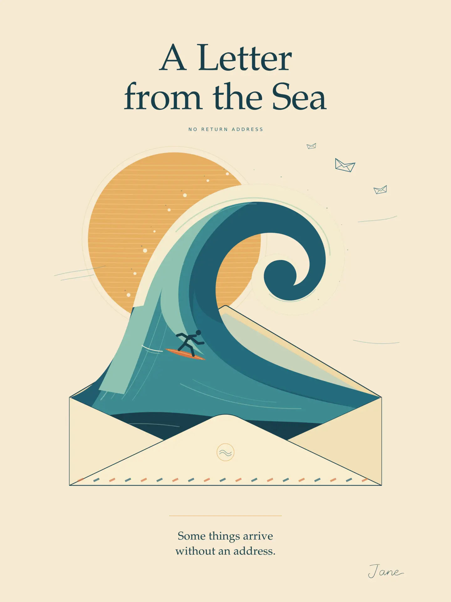 Signed cream poster with a tiny surfer riding a teal wave that curls out of an airmail envelope beneath a warm sun.