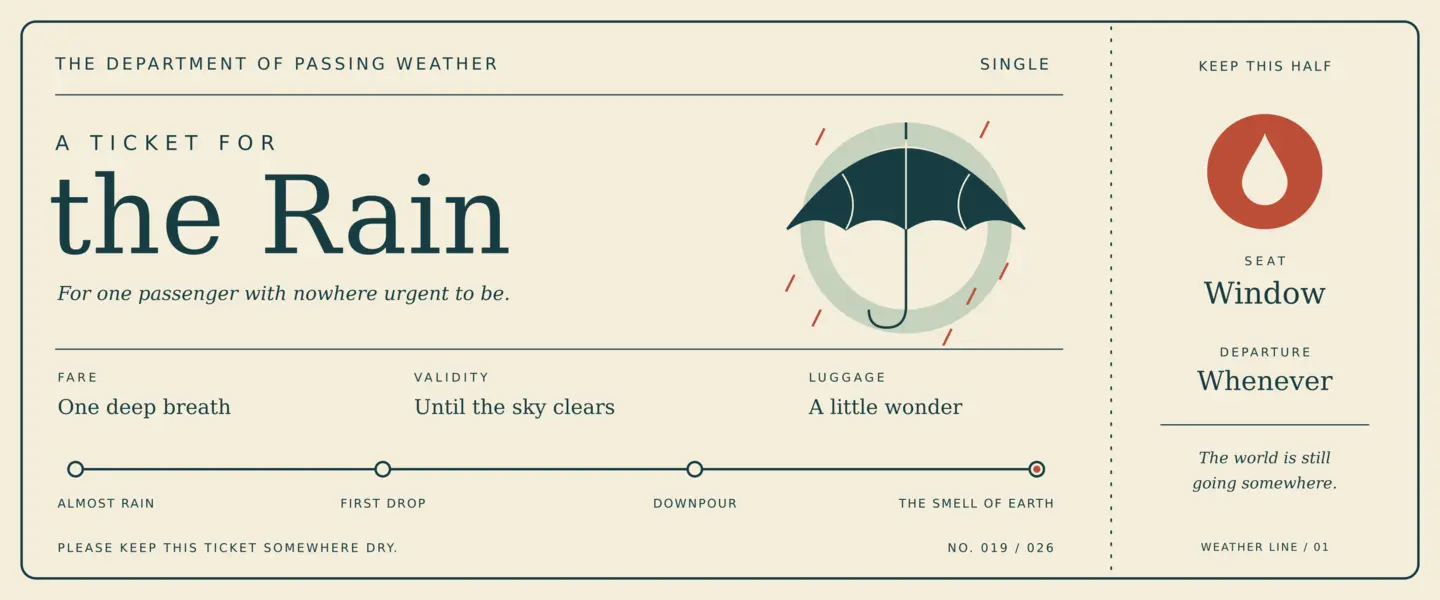 Cream illustrated railway ticket for one passenger travelling through rain, with an umbrella, route line, and detachable window-seat stub.