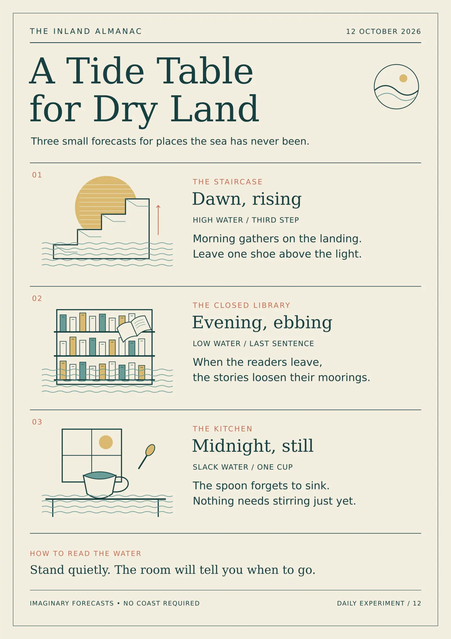 Illustrated inland almanac with imaginary tide forecasts for a staircase, a closed library, and a kitchen.
