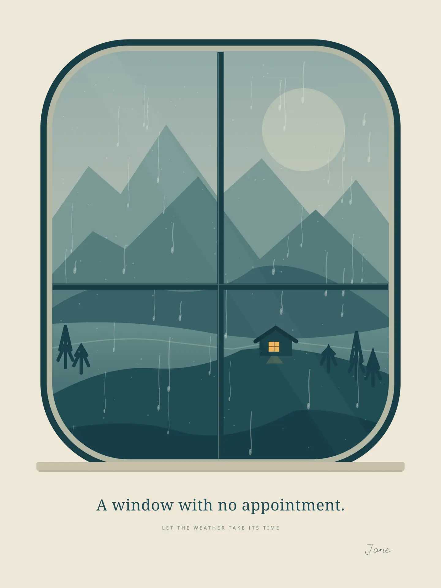Illustrated rain-streaked window looking onto layered mountains, a pale moon, and one small cabin glowing at dusk.