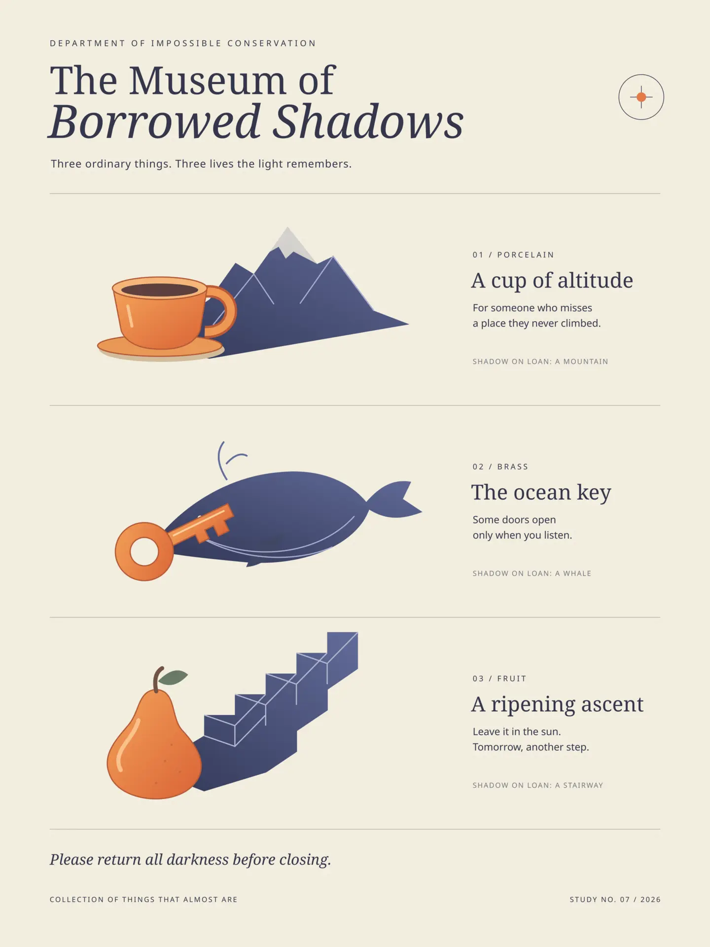 Cream museum-style poster showing an orange cup with a mountain shadow, a brass key with a whale shadow, and a pear with a stairway shadow.