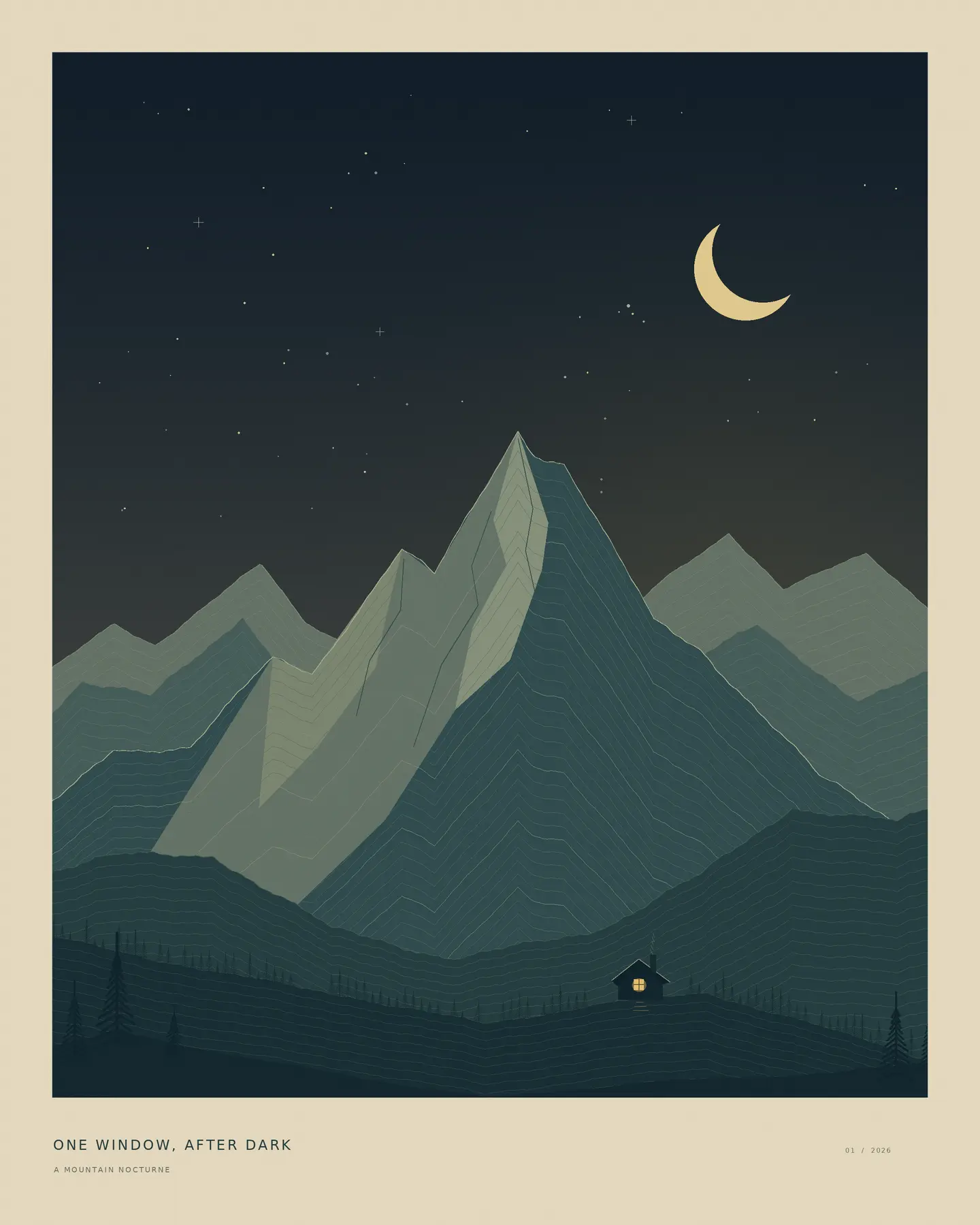 Layered blue-green mountains beneath a crescent moon, with one warm window glowing in a small cabin.