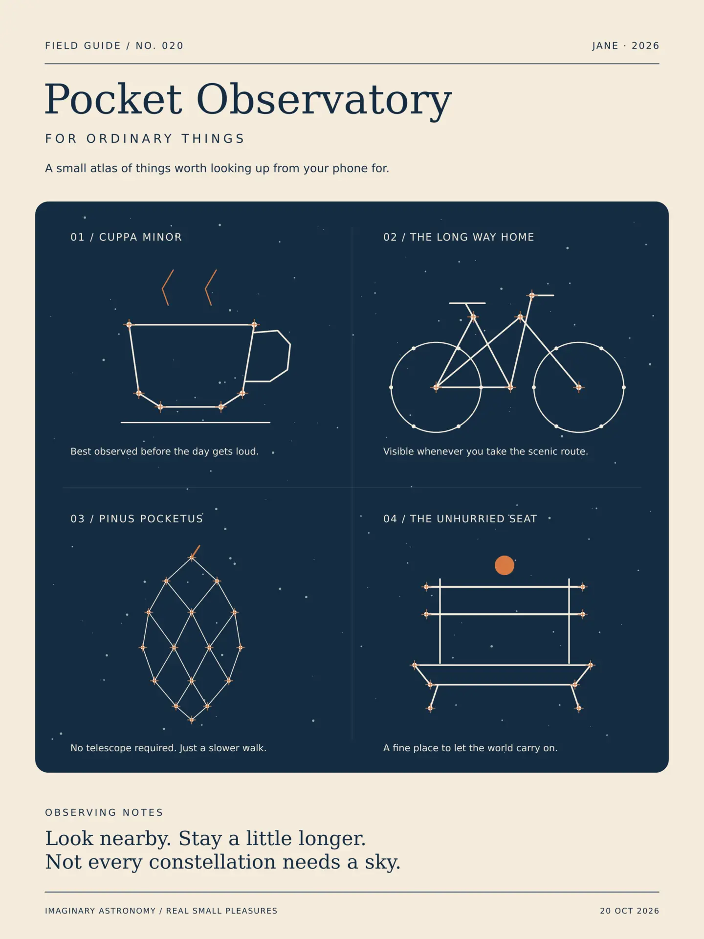 Cream illustrated field guide charting four ordinary constellations shaped like a teacup, bicycle, pine cone, and bench.