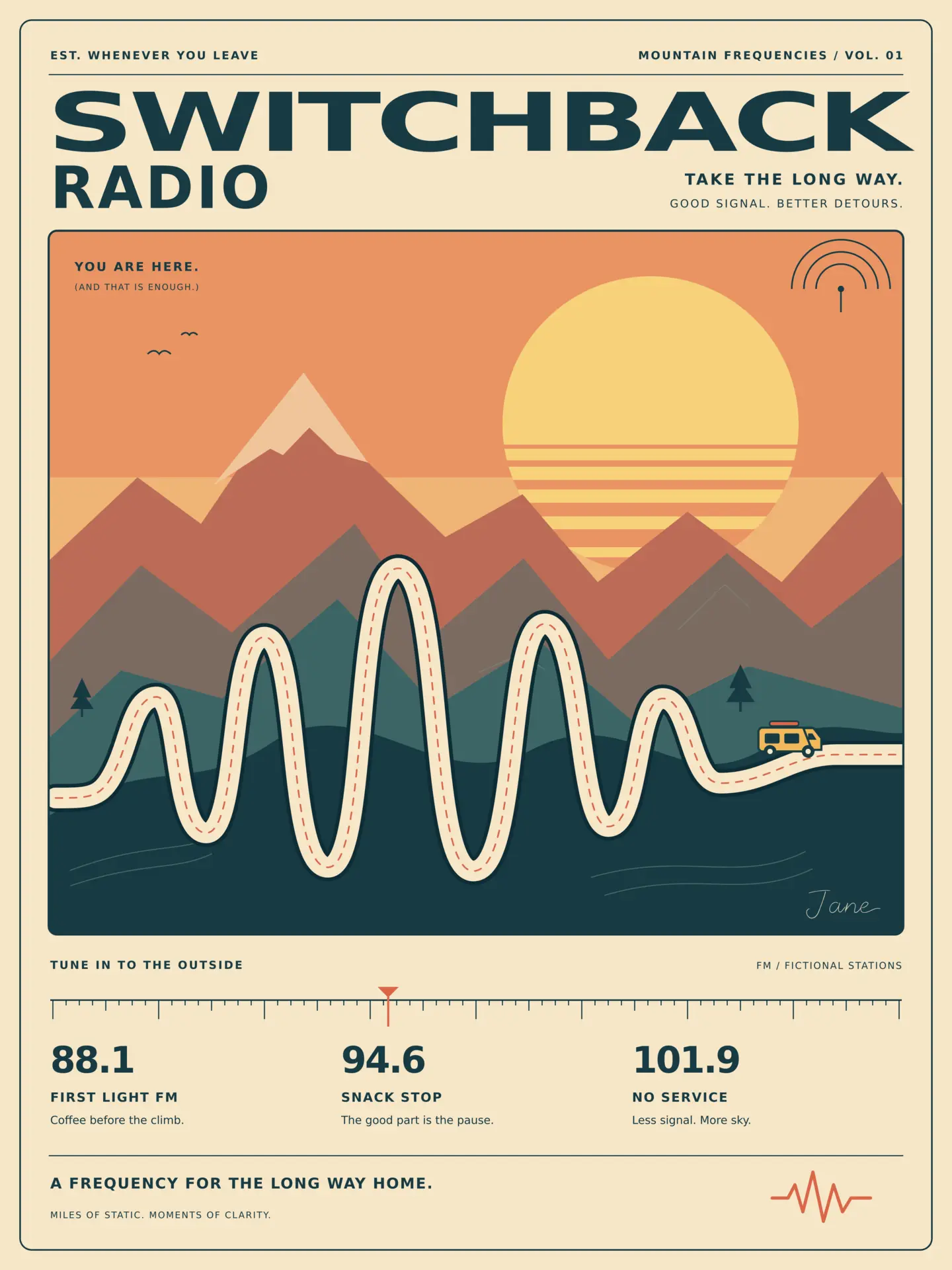Signed illustrated travel poster with a switchback road shaped like a radio waveform across layered sunset mountains.