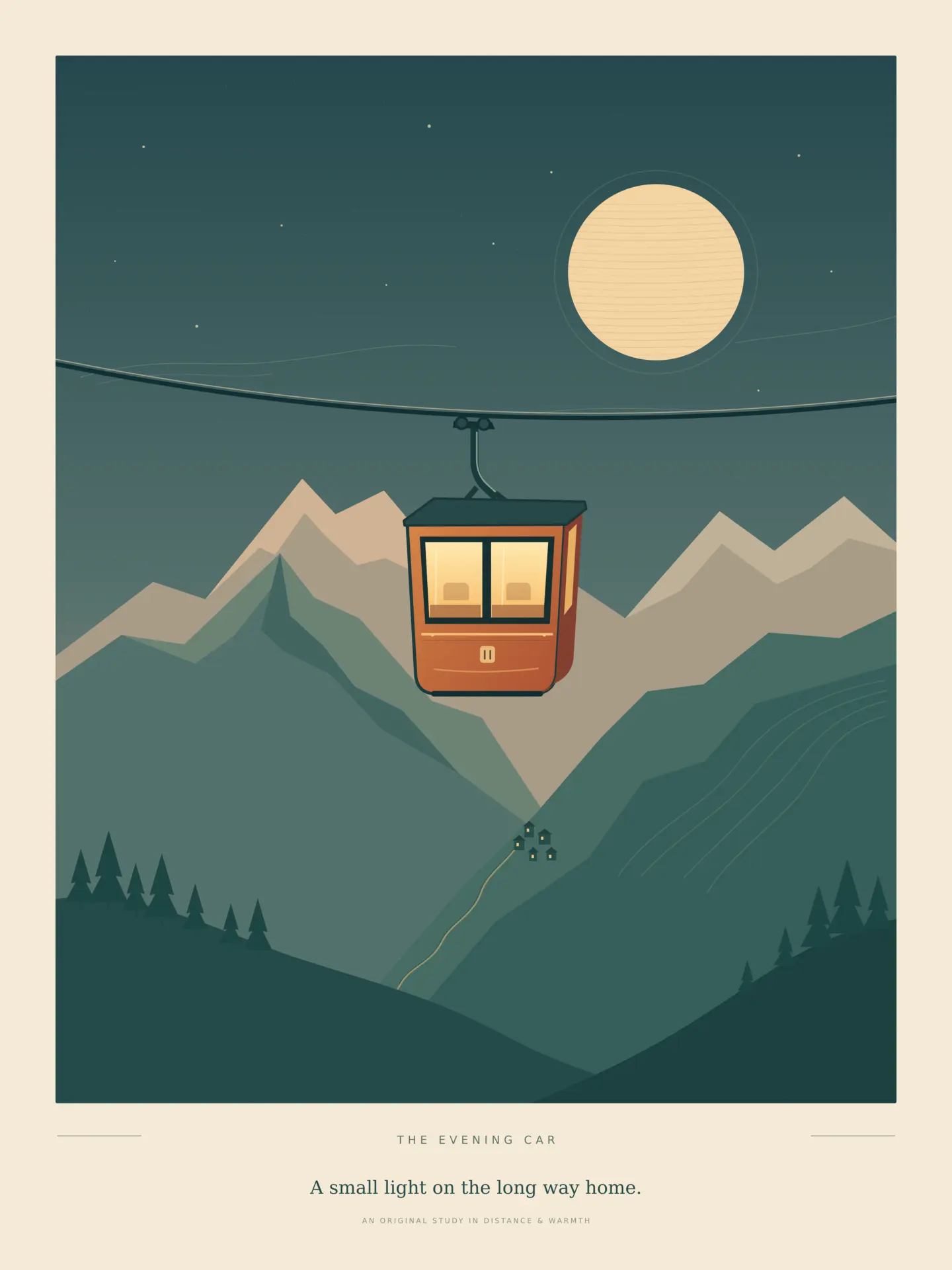 Cream-bordered alpine poster with a warmly lit orange gondola crossing layered teal mountains beneath a large moon.