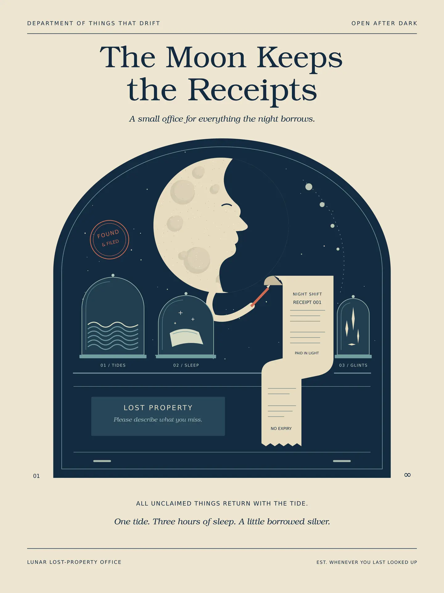 Illustrated lunar lost-property office with a crescent moon clerk, three glass exhibits, and a long night-shift receipt.