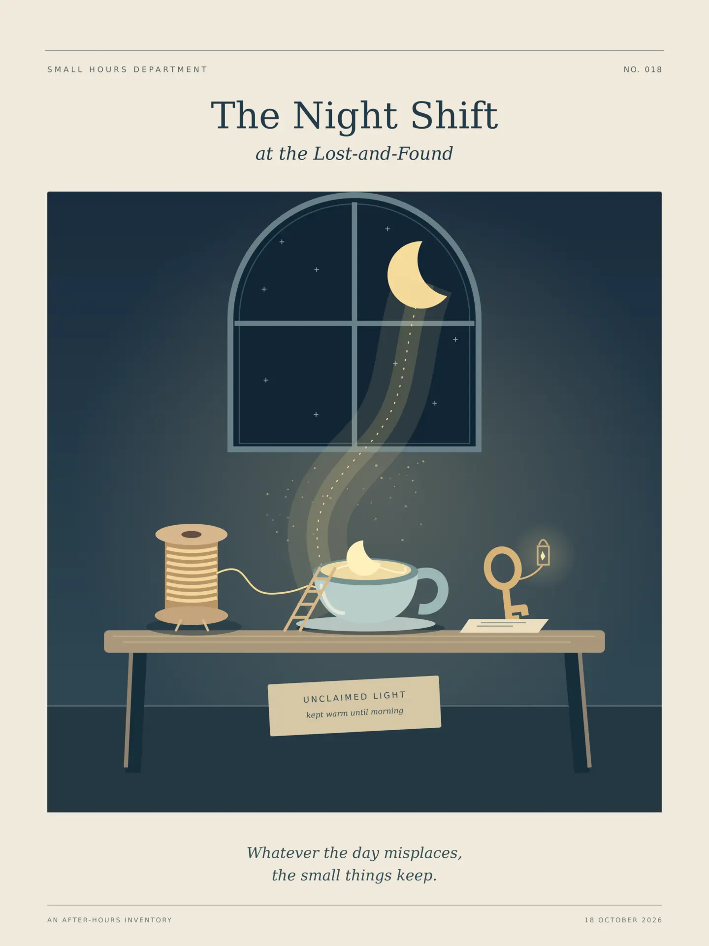 Illustrated night-room inventory with a spool, teacup, and key caring for a ribbon of stray moonlight beneath an arched window.