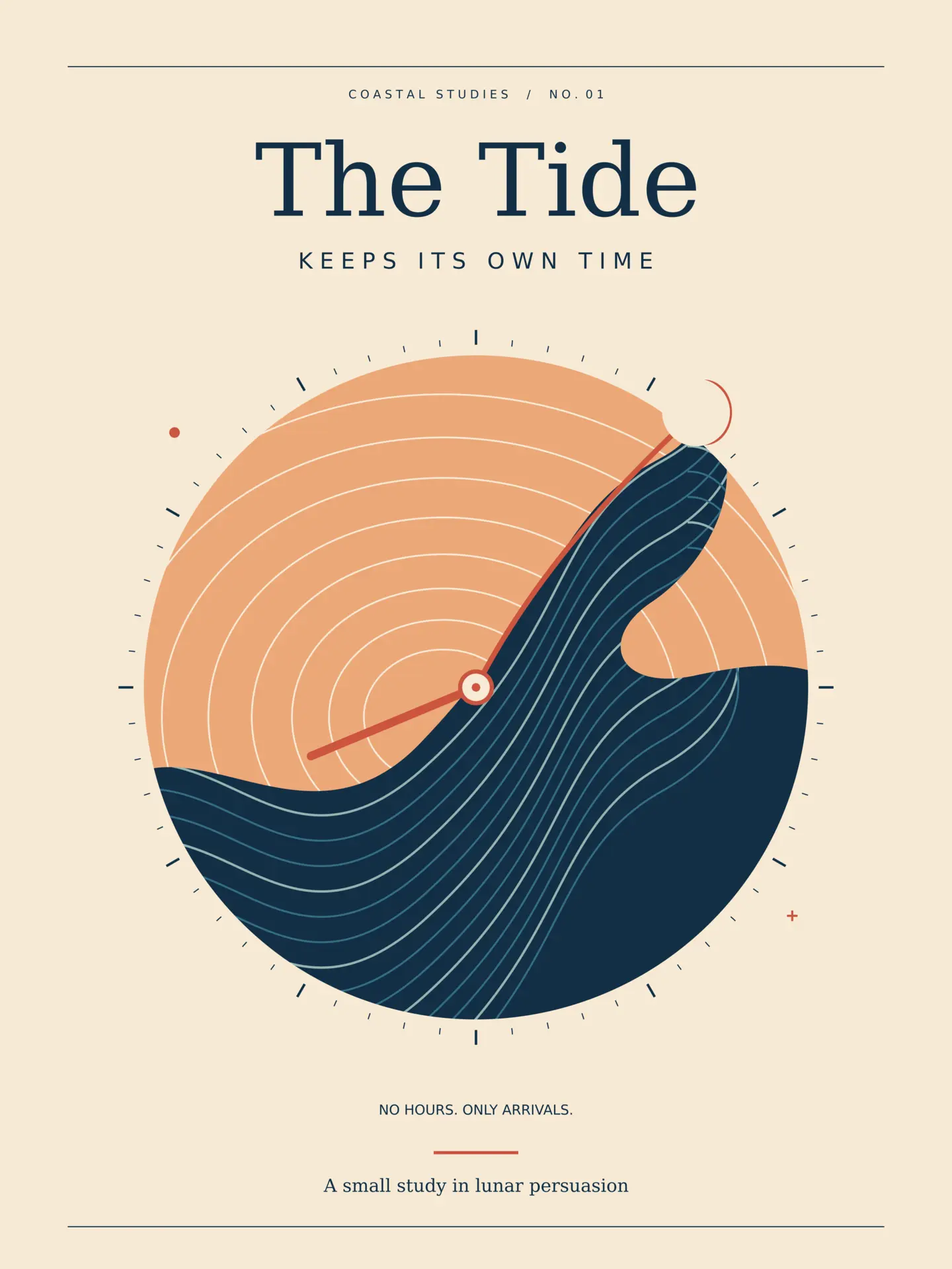 Cream coastal-study poster with an apricot clock face becoming an ink-blue wave beneath a small moon.