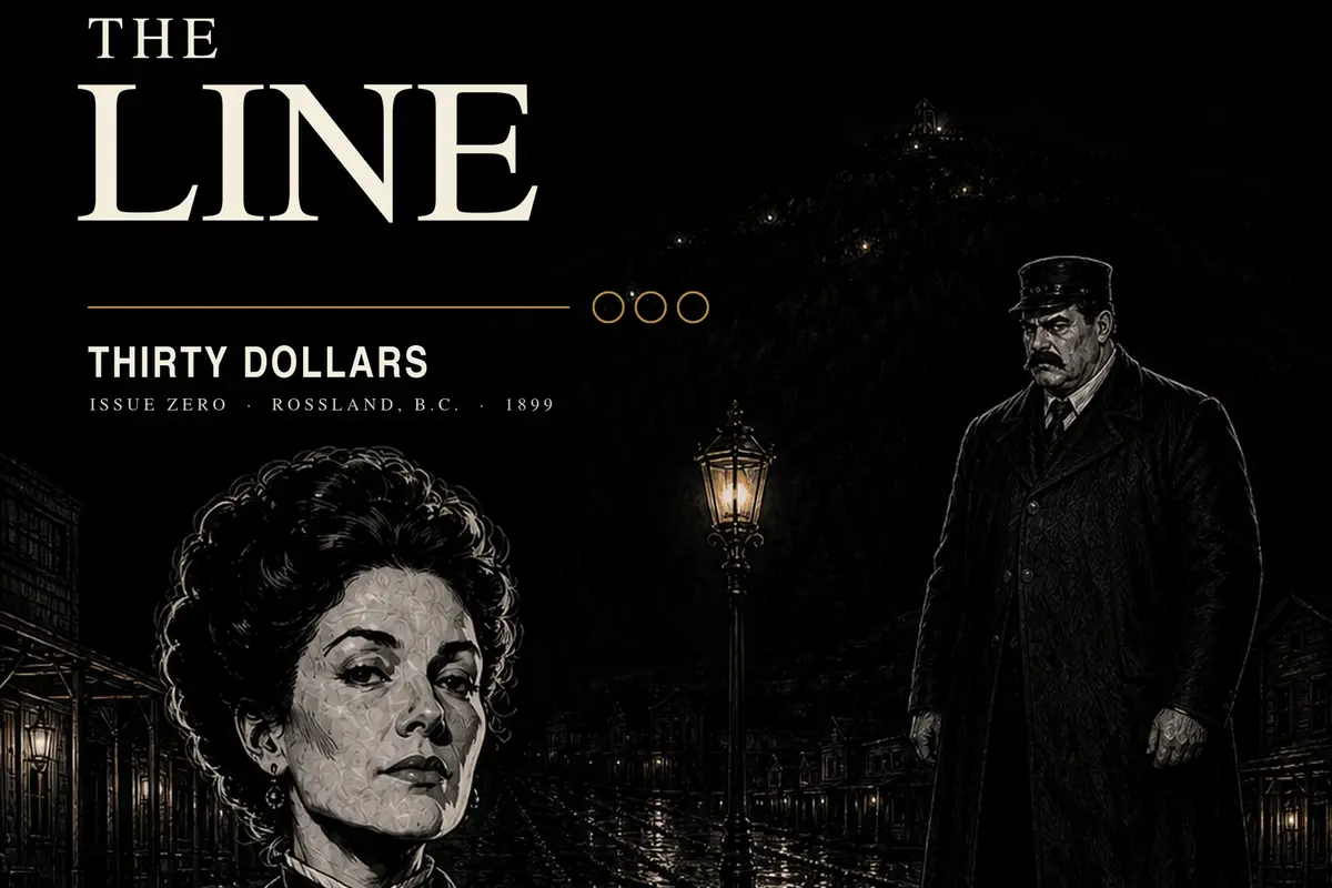 The Line: Thirty Dollars cover, with Stella and Kirkup on a rain-dark Rossland street.